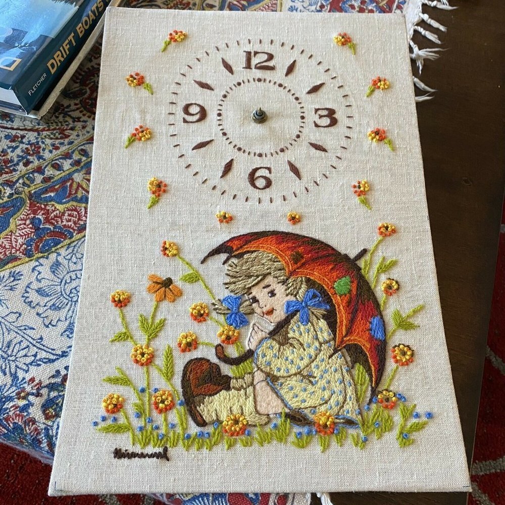 Vintage Embroidered Clock Not Working Handmade 15”